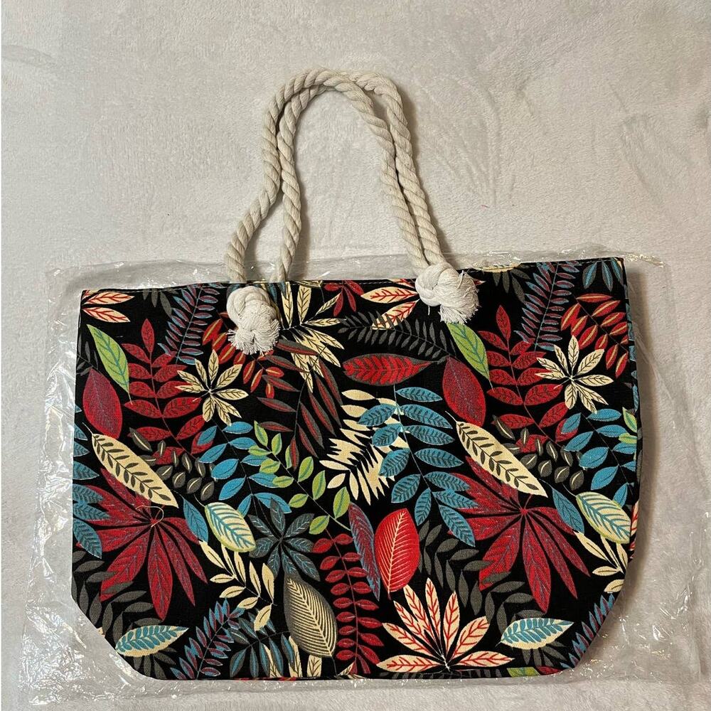 Large Printed Canvas Shoulder Tote Bag Zippered with Rope Handles Beach Pool Bag